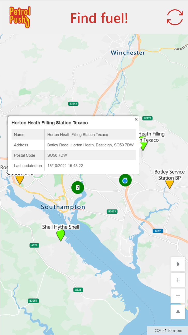 Petrol Push app result with info card open