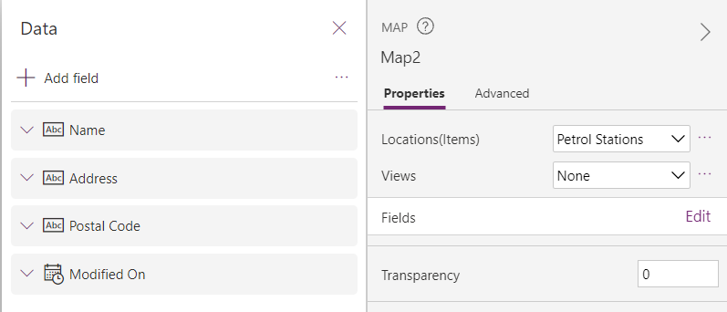 Properties pane of the map control with fields expanded and showing “name”, “address”, “postal code” and “modified on”