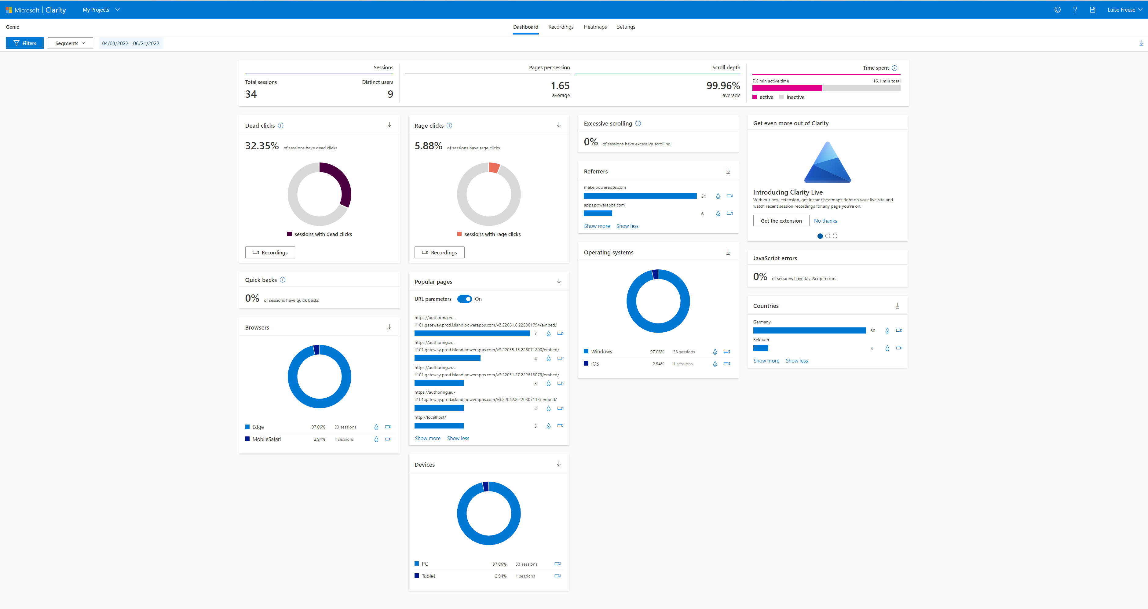 Clarity dashboard