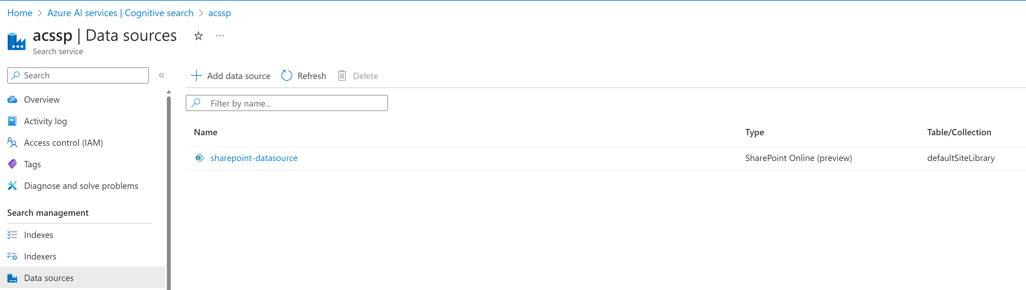 Azure Cognitive Search service with a freshly created datasource