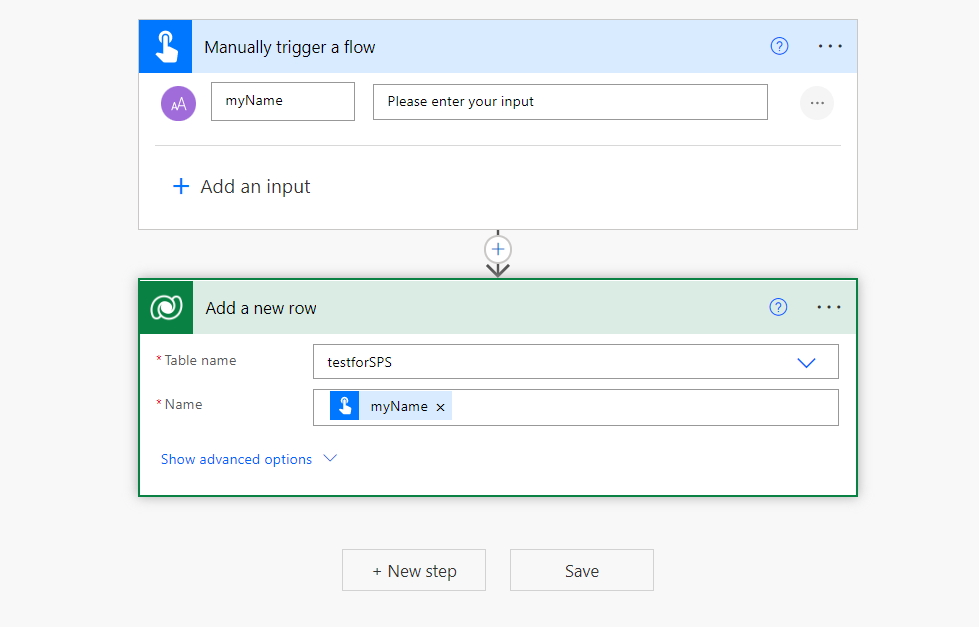 flow showing a manual trigger with a textinput, and an add a row in Dataverse action mapping the textinput to a Name colummn