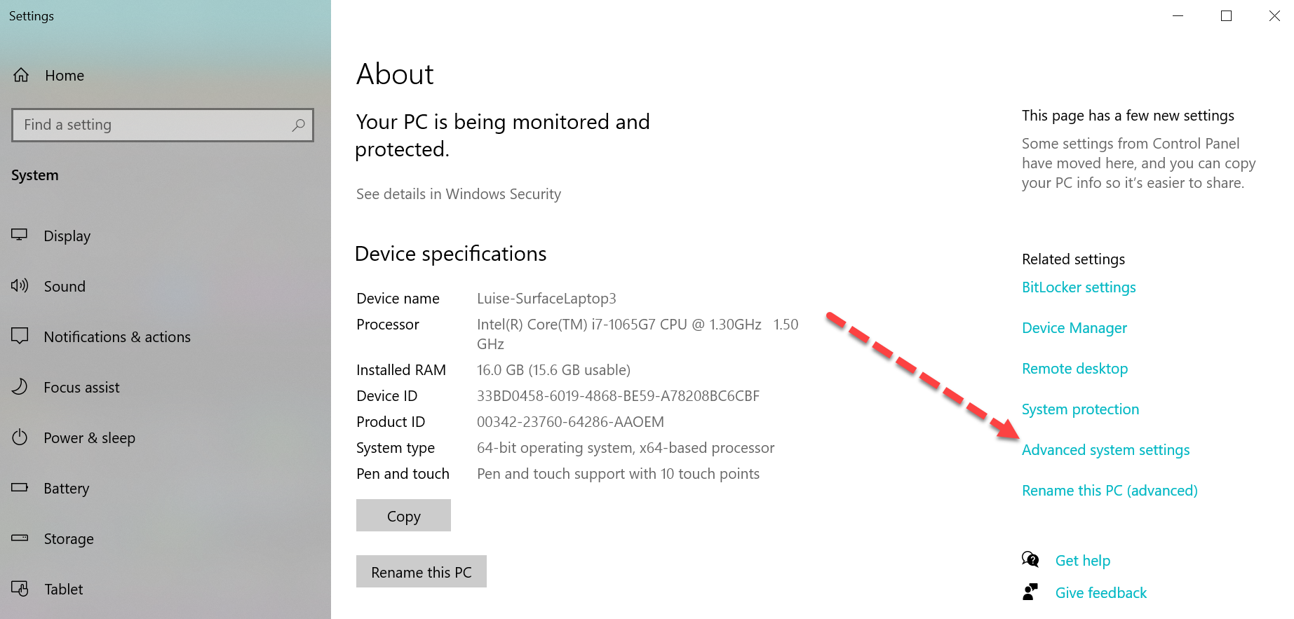 Windows 10 system settings