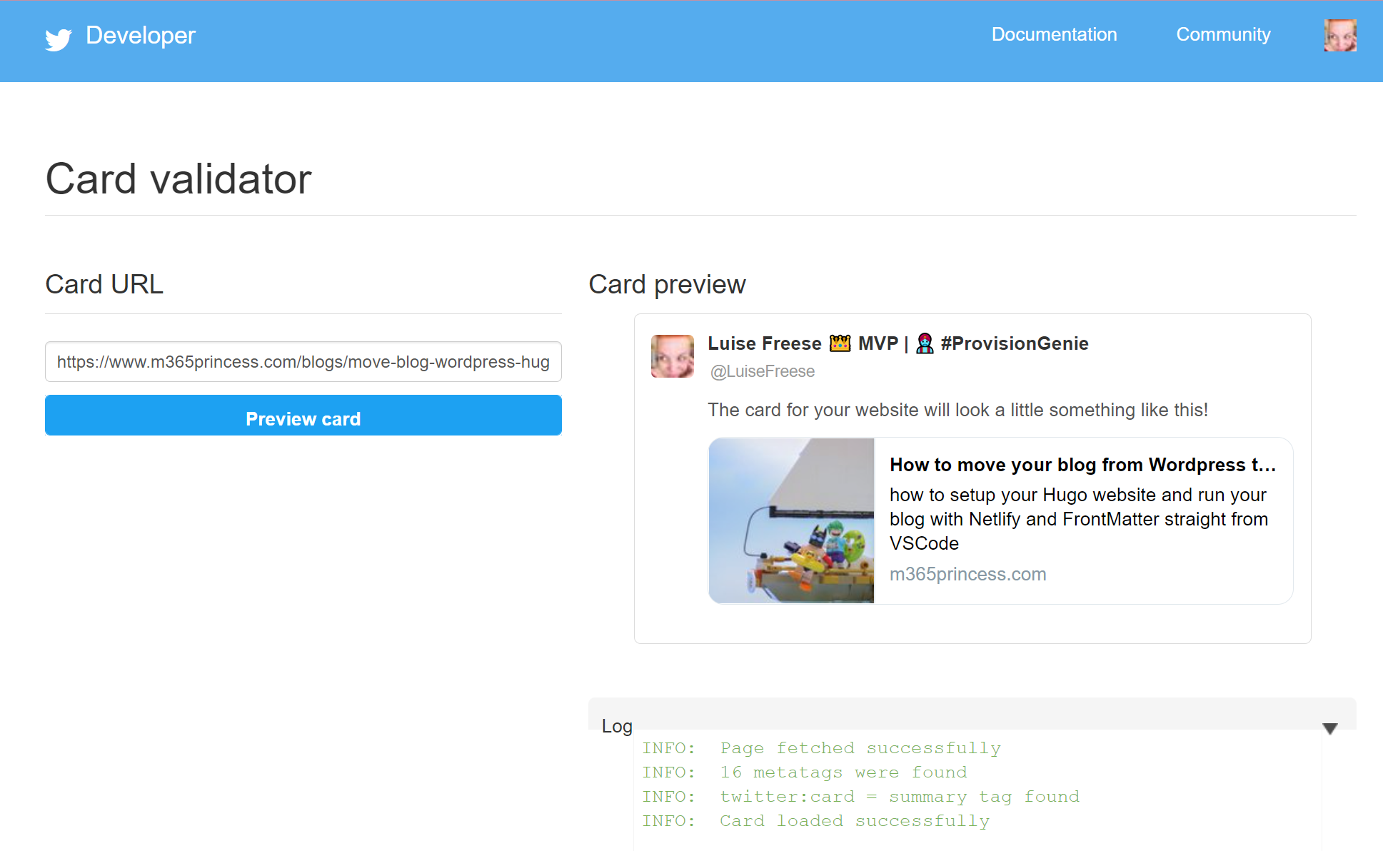 screnshot of twitter card validator tool