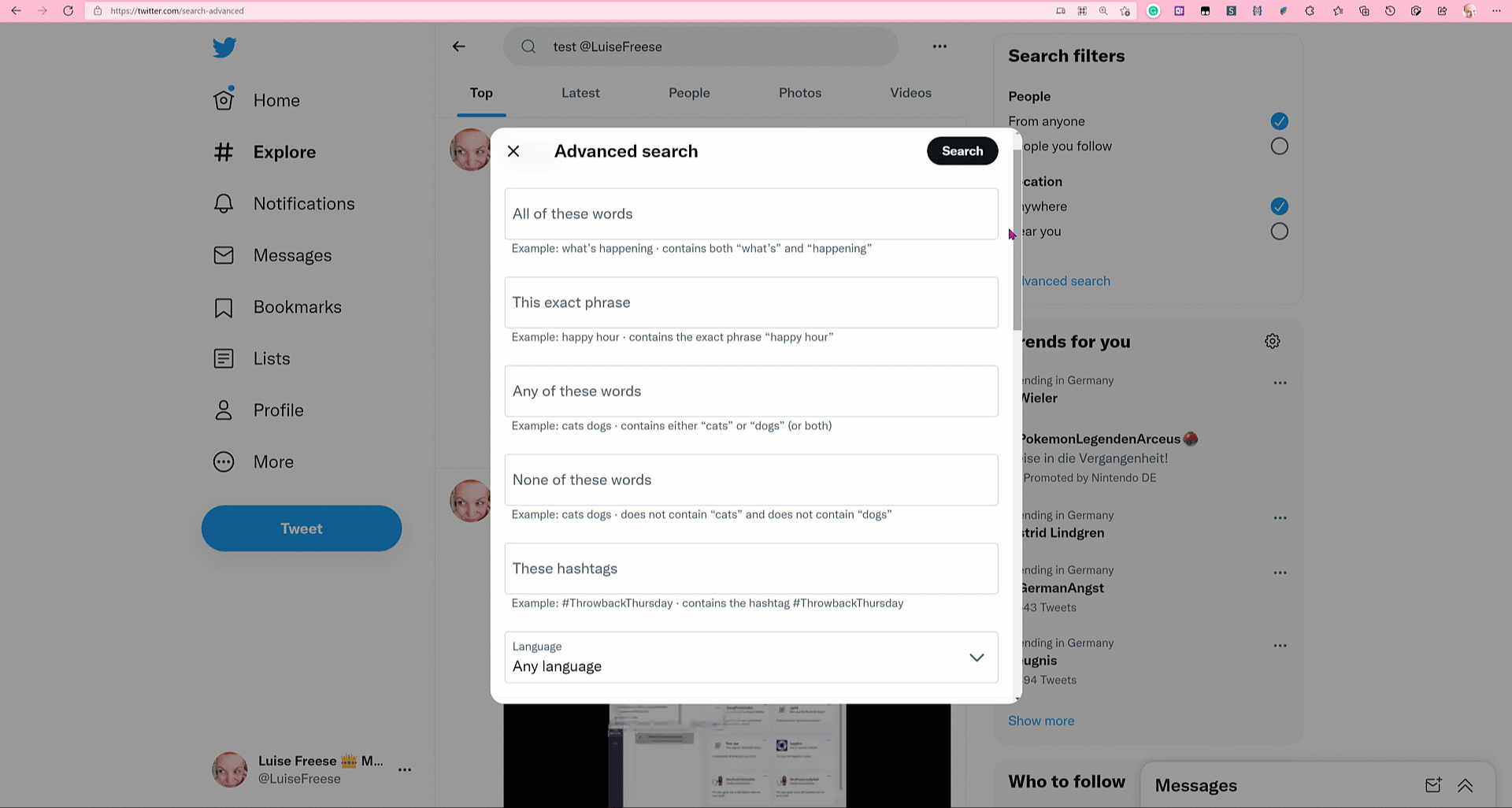 shows twitter advanced search popup